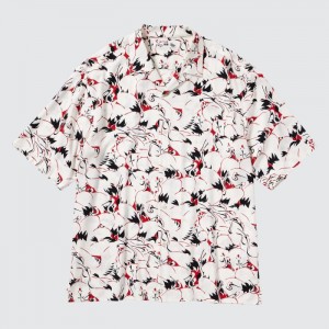 Koszule Codzienne Męskie Uniqlo Printed Open Collar Short-Sleeve (Japanese Auspicious Symbol) Białe,Uniqlo Polska | H327463