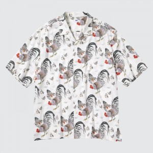 Koszule Codzienne Męskie Uniqlo Printed Open Collar Short-Sleeve (Ito-Jakuchu) Białe,Uniqlo Polska | C570022