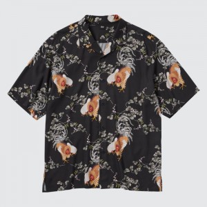 Koszule Codzienne Męskie Uniqlo Printed Open Collar Short-Sleeve (Ito-Jakuchu) Czarne,Uniqlo Polska | H172867