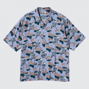 Koszule Codzienne Męskie Uniqlo Printed Open Collar Short-Sleeve (Edo Ukiyo-E) Fioletowe,Uniqlo Polska | D489391
