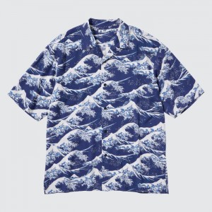 Koszule Codzienne Męskie Uniqlo Printed Open Collar Short-Sleeve (Hokusai) Niebieskie,Uniqlo Polska | G983280