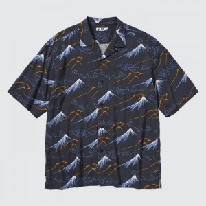 Koszule Codzienne Męskie Uniqlo Printed Open Collar Short-Sleeve (Hokusai) Granatowe,Uniqlo Polska | X408523