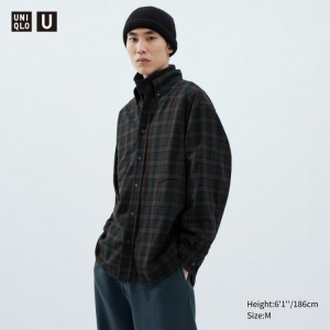 Koszule Codzienne Męskie Uniqlo Twill Oversized Checked Long-Sleeve Szare,Uniqlo Polska | P743002