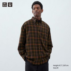 Koszule Codzienne Męskie Uniqlo Twill Oversized Checked Long-Sleeve Ciemny Brązowe,Uniqlo Polska | U756358