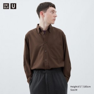 Koszule Codzienne Męskie Uniqlo Twill Oversized Long-Sleeve Brązowe,Uniqlo Polska | L965732