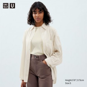 Koszule Damskie Uniqlo Draped Striped Long-Sleeve Natural,Uniqlo Polska | D501330