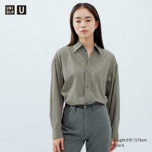 Koszule Damskie Uniqlo Draped Striped Long-Sleeve Oliwkowe,Uniqlo Polska | H036196