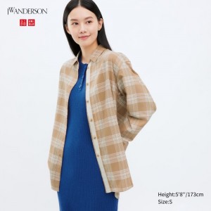 Koszule Damskie Uniqlo Flannel Checked Long-Sleeve Long Beżowe,Uniqlo Polska | P564631
