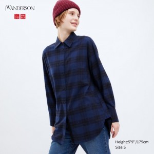 Koszule Damskie Uniqlo Flannel Checked Long-Sleeve Long Granatowe,Uniqlo Polska | B212083