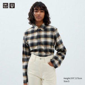 Koszule Damskie Uniqlo Flannel Long-Sleeve Beżowe,Uniqlo Polska | G332469