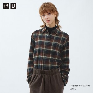 Koszule Damskie Uniqlo Flannel Long-Sleeve Ciemny Brązowe,Uniqlo Polska | X154640