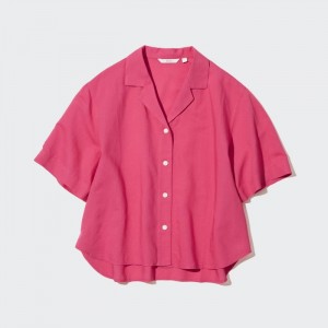 Koszule Damskie Uniqlo Linen Blend Open Collar Short-Sleeve Różowe,Uniqlo Polska | F136854