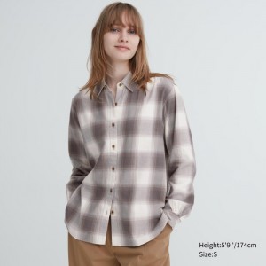 Koszule Damskie Uniqlo Soft Brushed Checked Long-Sleeve Brązowe,Uniqlo Polska | Y452040