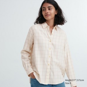 Koszule Damskie Uniqlo Soft Brushed Checked Long-Sleeve Białe,Uniqlo Polska | Y074082