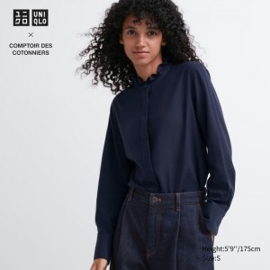 Koszule Damskie Uniqlo Soft Brushed Stand Collar Long-Sleeve Granatowe,Uniqlo Polska | A490511