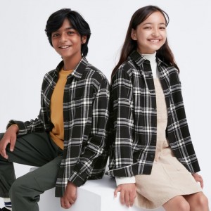 Koszule Dziecięce Uniqlo Flannel Checked Long-Sleeve Czarne,Uniqlo Polska | I718877