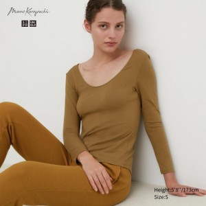 Koszulka Damskie Uniqlo HEATTECH Ballet Neck Long-Sleeve (Silk Blend) Brązowe,Uniqlo Polska | V452333