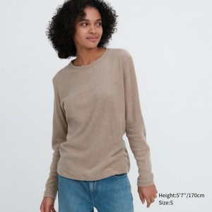 Koszulka Damskie Uniqlo HEATTECH Fleece Crew Neck Long-Sleeve Beżowe,Uniqlo Polska | R769865