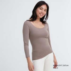 Koszulka Damskie Uniqlo HEATTECH Scoop Neck Long-Sleeve Beżowe,Uniqlo Polska | I252460