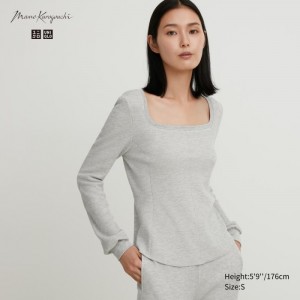 Koszulka Damskie Uniqlo HEATTECH Waffle Square Neck Long-Sleeve (Wool Blend) (Extra Warm) Szare,Uniqlo Polska | Z626992