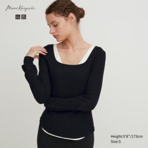 Koszulka Damskie Uniqlo HEATTECH Waffle Square Neck Long-Sleeve (Wool Blend) (Extra Warm) Czarne,Uniqlo Polska | A497410
