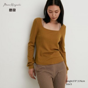 Koszulka Damskie Uniqlo HEATTECH Waffle Square Neck Long-Sleeve (Wool Blend) (Extra Warm) Brązowe,Uniqlo Polska | A339367