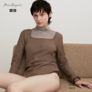 Koszulka Damskie Uniqlo HEATTECH Waffle Square Neck Long-Sleeve (Wool Blend) (Extra Warm) Brązowe,Uniqlo Polska | C385138