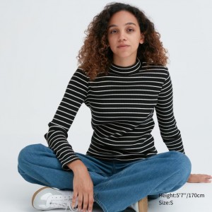 Koszulka Damskie Uniqlo Ribbed Striped High Neck Long-Sleeve Czarne,Uniqlo Polska | W582241
