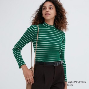 Koszulka Damskie Uniqlo Ribbed Striped High Neck Long-Sleeve Zielone,Uniqlo Polska | K259548