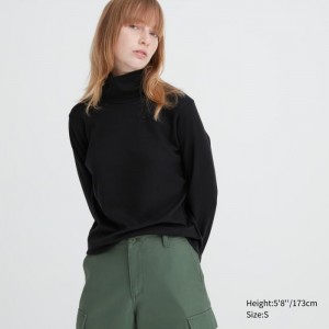 Koszulka Damskie Uniqlo Smooth Stretch Cotton Turtleneck Long-Sleeve Czarne,Uniqlo Polska | G532584