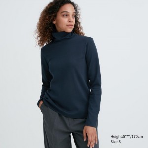 Koszulka Damskie Uniqlo Smooth Stretch Cotton Turtleneck Long-Sleeve Niebieskie,Uniqlo Polska | Y198099