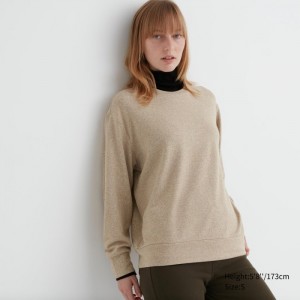 Koszulka Damskie Uniqlo Soft Knitted Fleece Crew Neck Long-Sleeve Beżowe,Uniqlo Polska | L607747