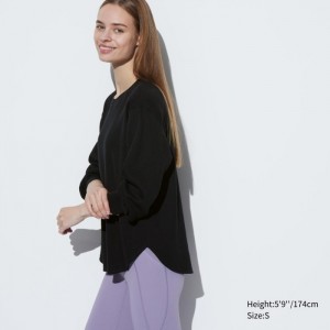 Koszulka Damskie Uniqlo Waffle Crew Neck Long-Sleeve Czarne,Uniqlo Polska | C764481
