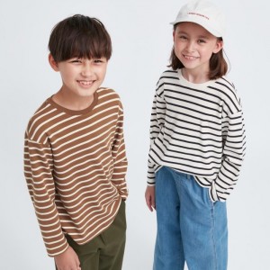 Koszulka Dziecięce Uniqlo Soft Brushed Striped Crew Neck Long-Sleeve Brązowe,Uniqlo Polska | D755319