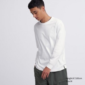 Koszulka Męskie Uniqlo AIRism Cotton UV Protection Crew Neck Long-Sleeve Białe,Uniqlo Polska | Y192221