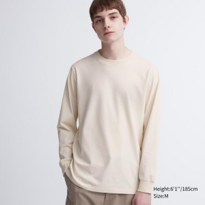 Koszulka Męskie Uniqlo AIRism Cotton UV Protection Crew Neck Long-Sleeve Beżowe,Uniqlo Polska | X482133