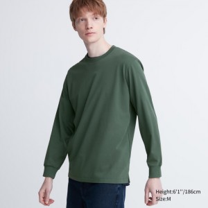 Koszulka Męskie Uniqlo AIRism Cotton UV Protection Crew Neck Long-Sleeve Zielone,Uniqlo Polska | G956519