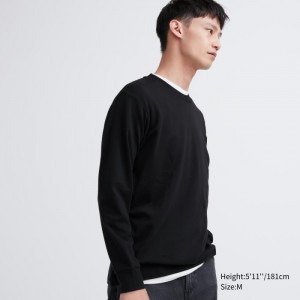 Koszulka Męskie Uniqlo Brushed Cotton Crew Neck Long-Sleeve Czarne,Uniqlo Polska | K633159