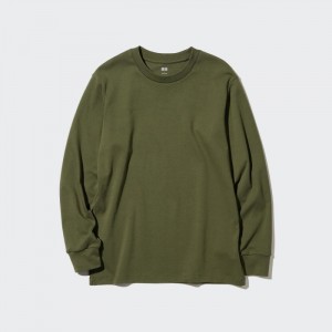 Koszulka Męskie Uniqlo Brushed Cotton Crew Neck Long-Sleeve Oliwkowe,Uniqlo Polska | J116013