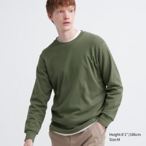 Koszulka Męskie Uniqlo Brushed Cotton Crew Neck Long-Sleeve Oliwkowe,Uniqlo Polska | F102954