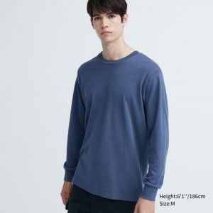 Koszulka Męskie Uniqlo Brushed Cotton Crew Neck Long-Sleeve Niebieskie,Uniqlo Polska | J272301