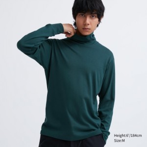 Koszulka Męskie Uniqlo Brushed Cotton Turtleneck Long-Sleeve Ciemny Zielone,Uniqlo Polska | R570462