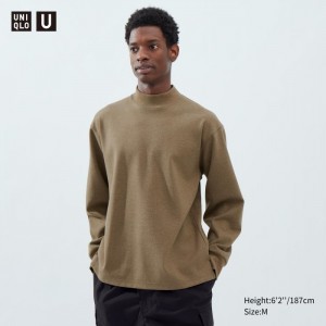 Koszulka Męskie Uniqlo Brushed Jersey Mock Neck Long-Sleeve Brązowe,Uniqlo Polska | O869210