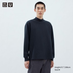 Koszulka Męskie Uniqlo Brushed Jersey Mock Neck Long-Sleeve Niebieskie,Uniqlo Polska | Z774384