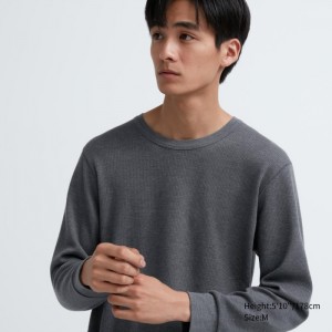 Koszulka Męskie Uniqlo HEATTECH Cotton Waffle Crew Neck Long-Sleeve (Heather) (Extra Warm) Ciemny Szare,Uniqlo Polska | F212743