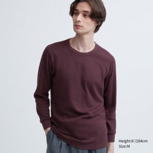 Koszulka Męskie Uniqlo HEATTECH Cotton Waffle Crew Neck Long-Sleeve (Extra Warm) Wine,Uniqlo Polska | F114527