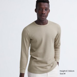 Koszulka Męskie Uniqlo HEATTECH Cotton Waffle Crew Neck Long-Sleeve (Extra Warm) Beżowe,Uniqlo Polska | W451380