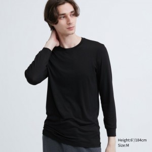 Koszulka Męskie Uniqlo HEATTECH Crew Neck Long-Sleeve (2022 Edition) Czarne,Uniqlo Polska | A211779