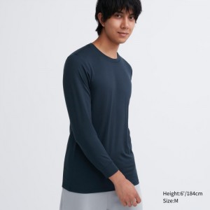 Koszulka Męskie Uniqlo HEATTECH Crew Neck Long-Sleeve (2022 Edition) Granatowe,Uniqlo Polska | P996448