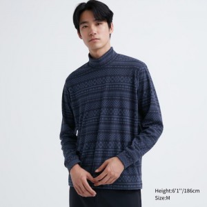 Koszulka Męskie Uniqlo Smooth Fleece Printed Mock Neck Long-Sleeve Niebieskie,Uniqlo Polska | O829678